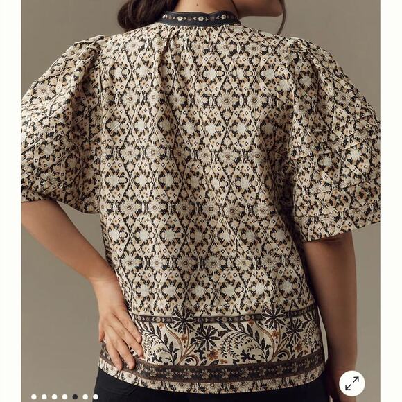 Anthropologie Pleated Puff Sleeve Lace Up Blouse - Picture 3 of 8